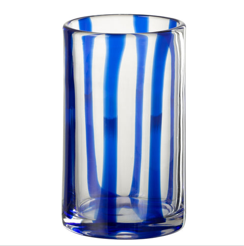 J-Line Glas 'Stripes' blauw, transparant glas met blauwe strepen, bohemian stijl, wabi-sabi design, 8 cm hoog, perfect voor stijlvolle tafeldecoratie