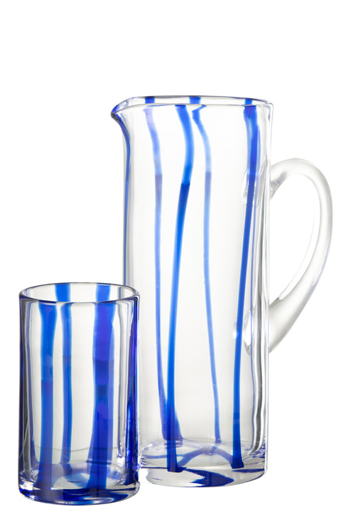 J-Line Karaf 'Stripes' blauw met bijpassende J-Line glazen in blauw, boho wabi-sabi sfeer