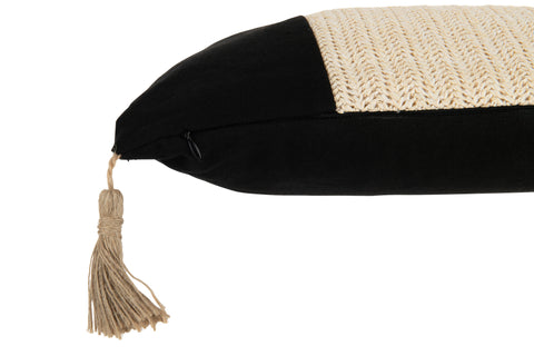 Zijkant van het J-Line kussen Nero met franjes en zwart-beige contrast.