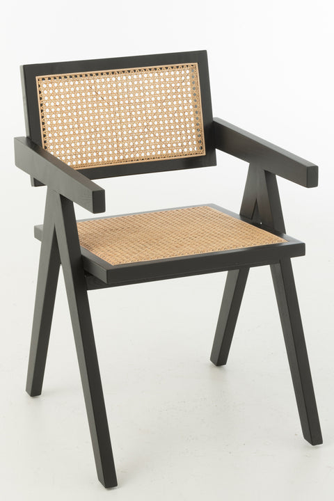 Zwarte J-Line stoel Grid Black van essenhout en rotan, vooraanzicht.