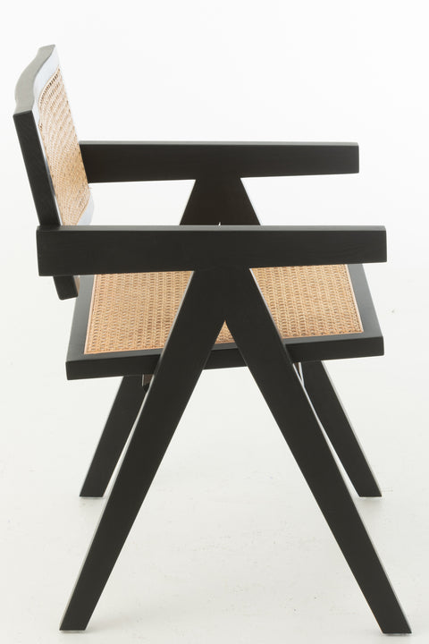 Zijaanzicht van de J-Line stoel Grid Black, zwart essenhout en rotan zitting.