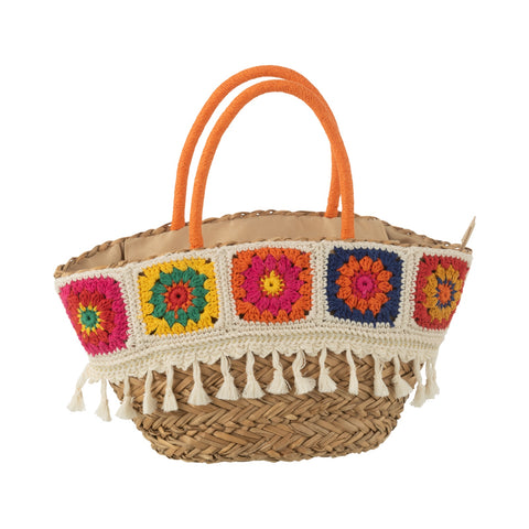 J-Line strandtas 'Crochet' van riet met gehaakt katoen, multicolor – bohemian tas van Casa Mimi