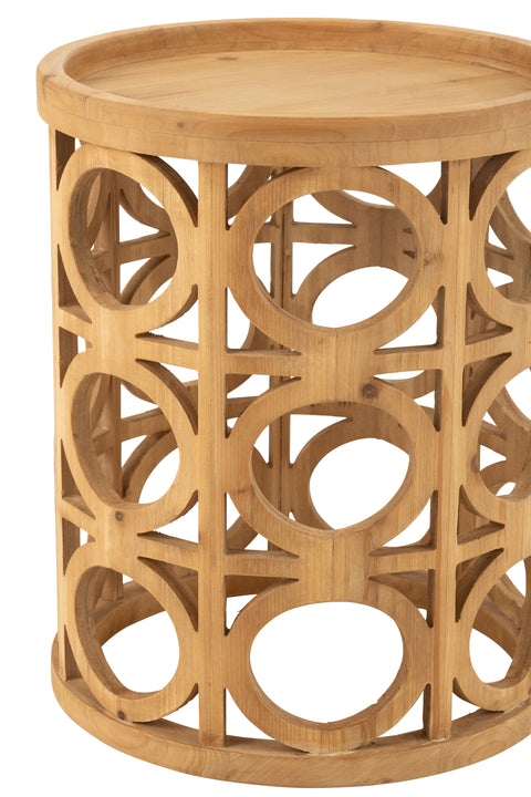 Detail van J-Line bijzettafel ‘Wood’ – uitgesneden cirkels in naturel sparrenhout voor een speels, luchtig effect