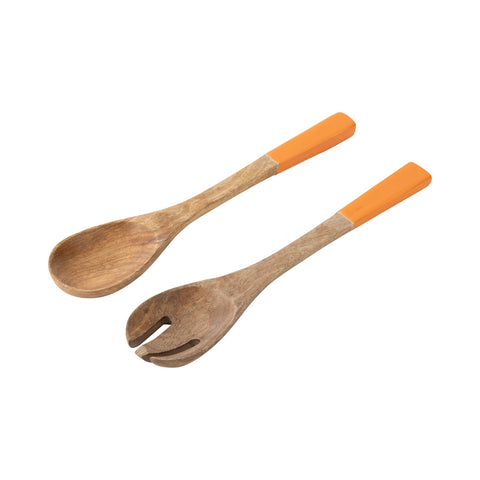 J-Line saladelepels ‘Mango Orange’ – set van 2 mangohouten lepels met oranje handvat, natuurlijk en handgemaakt