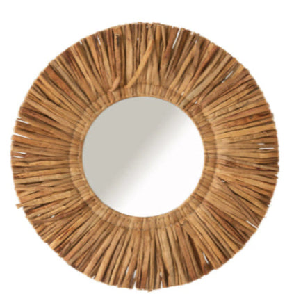 J-Line Spiegel Maurice – ronde spiegel met rotan en waterhyacint omlijsting, 64 cm
