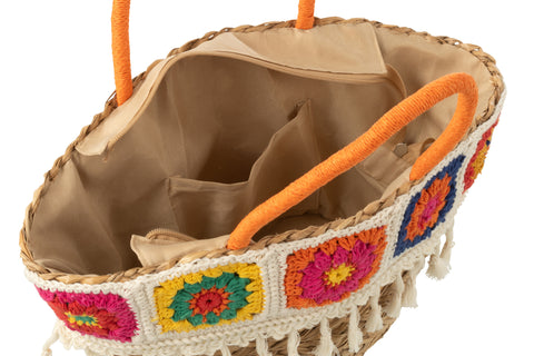 Detail haakwerk van J-Line strandtas 'Crochet' – boho rieten tas met katoenen bovenrand