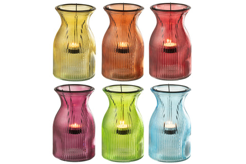 J-Line theelichthouders ‘Pepa’ brandend met kaars – warme sfeer en kleurrijk glas in set van 6