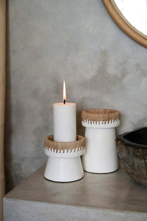 Kandelaars Pretty medium en small met brandende kaars – boho decoratie