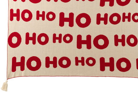 Opengevouwen kerstplaid met witte achtergrond en rode ‘Ho Ho Ho’-letters
