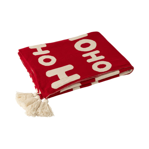 Rood-witte plaid met ‘Ho Ho Ho’-motief, opgevouwen met rode kant naar boven