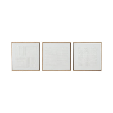 Schilderijen set 'Lines' van J-Line – 3 witte canvasdoeken met reliëf en houten lijst