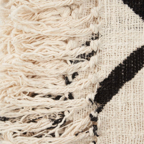 Detail van de decoratieve franjes van de Bazar Bizar The Evil Eye plaid.