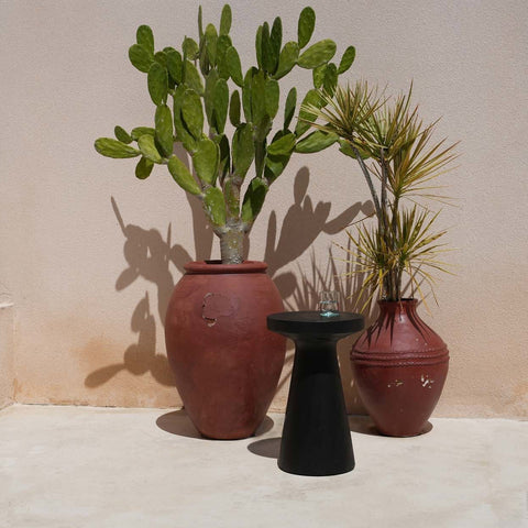 The Fiji zwarte bijzettafel met glas en cactussen op een terras
