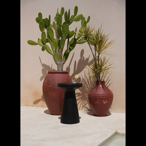 Zwarte The Fiji bijzettafel met glas en water naast terracotta potten met cactussen