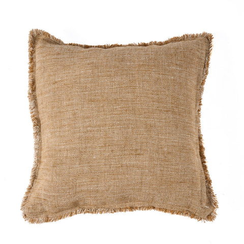 Achterzijde van de Bazar Bizar The Sahara Fringe kussenhoes in effen bruin linnen.