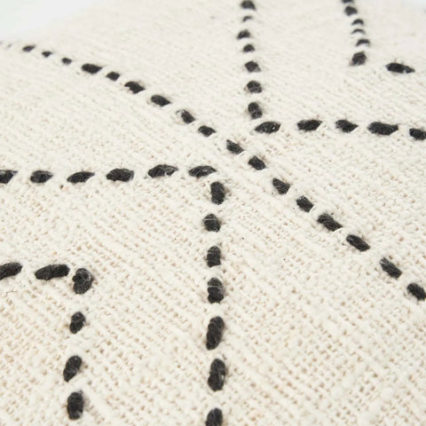 Detail van het geweven zwarte tribal dessin op de Bazar Bizar The Tribal kussenhoes.