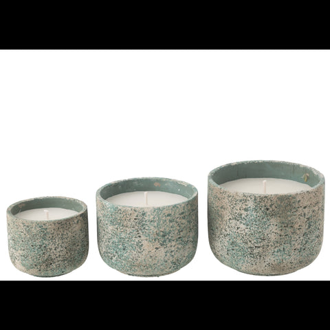 Set buitenkaarsen turquoise cement pot J-Line small medium large samen gestyled