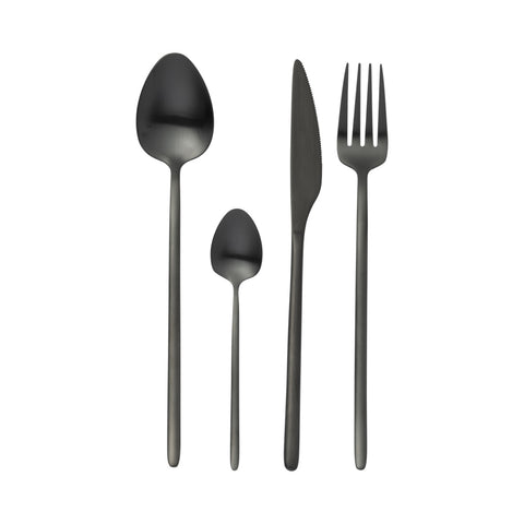 J-Line bestekset Matt Black, 24-delig met vork, mes, lepel en dessertlepel in matte zwarte afwerking.
