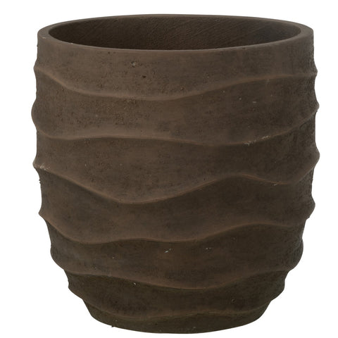 J-Line bloempot Waves Dark Brown medium 34 cm ronde stenen plantenpot met golvende structuur geschikt voor binnen en buiten