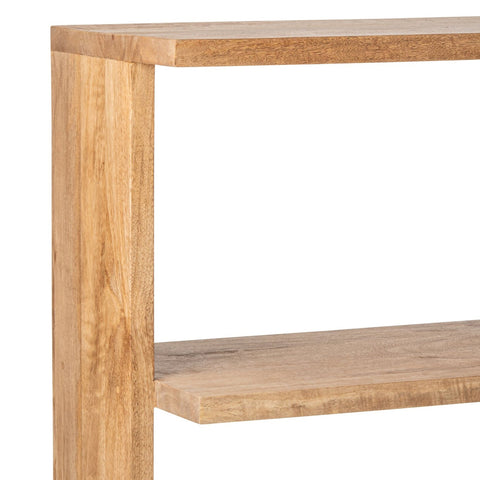 Detail van de hoek en houtstructuur van de J-Line boekenkast Mango Wood Natural.