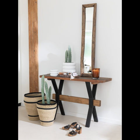 J-Line Vintage Wood Brown console met spiegel Rectangle en rieten manden met cactussen