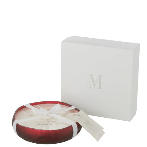 J-Line geurkaars Livia Red medium met witte cadeaudoos en lint.