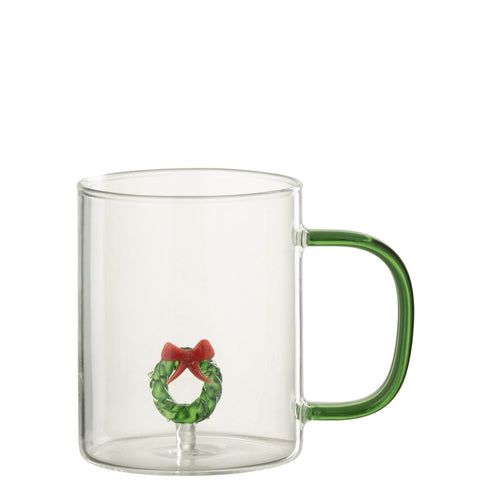 Transparant J-Line glas met glazen kerstkrans-figuurtje op de bodem, vooraanzicht.