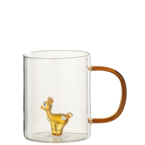 Transparant J-Line glas met klein rendierfiguurtje op de bodem, vooraanzicht.