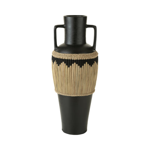 J-Line kruik Pattern van rotan en aardewerk in zwart en naturel, volledig vooraanzicht.