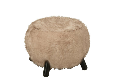Groot beige krukje Fur Large van J-Line met zacht fur zitvlak en houten poten