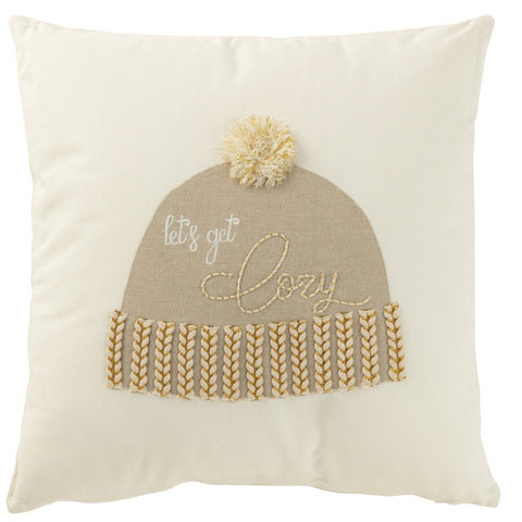 J-Line kussen met geborduurde beige muts met pompon en tekst Let’s get cozy.