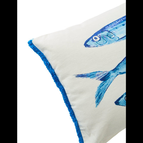 Detail van hoek en blauwe ruches van J-Line Kussen Blue Sardines