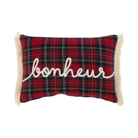 Langwerpig J-Line kussen met ruitmotief en geborduurde tekst Bonheur in sierlijke letters.