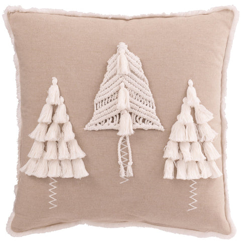 J-Line kussen ‘Christmas Trees Tassels’ in beige katoen met drie kerstbomen van kwastjes.