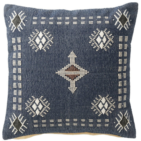 J-Line Kussen Ethnic Dark Blue met beige etnische print op donkerblauwe achtergrond