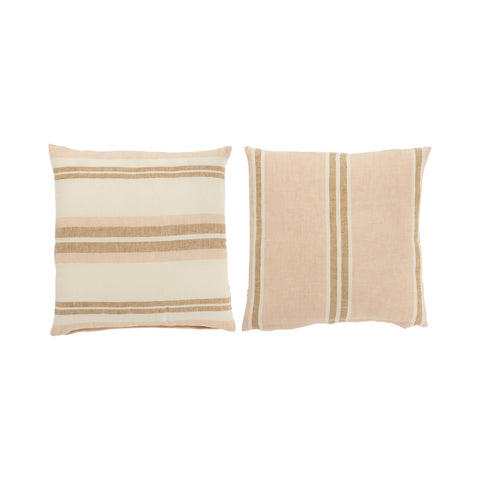 Set van twee J-Line Linen Light Pink linnen sierkussens in beige en lichtroze met subtiele strepen.