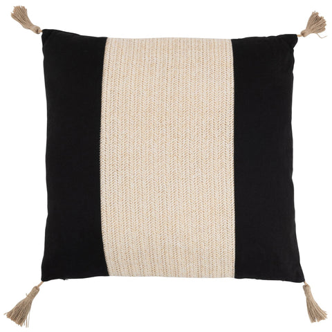 J-Line kussen Nero in beige katoen met twee zwarte strepen en franjes.