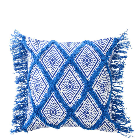 J-Line Kussen Oriental met blauw-witte oosterse print en decoratieve franjes.