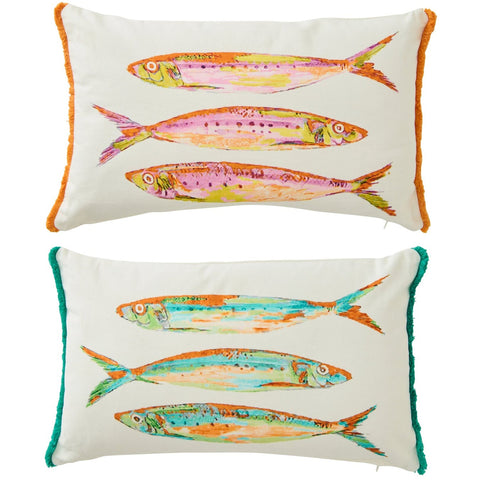 J-Line Kussen Sardines set van 2 met kleurrijke vissenprint