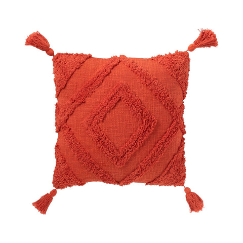 J-Line Tufted Brick Red sierkussen met geometrisch tuftpatroon en kwastjes in baksteenrood