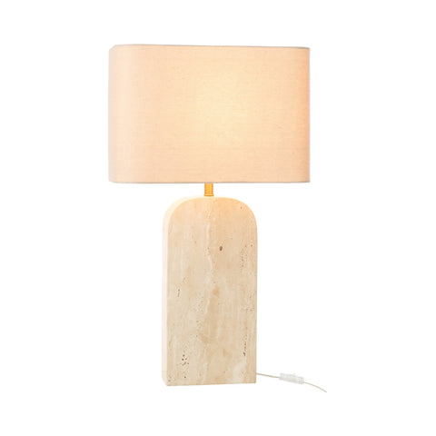 J-Line lamp Travertin Beige brandend, met warm licht door linnen kap