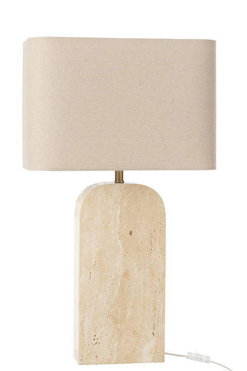 J-Line tafellamp Travertin Beige met stenen voet en linnen kap.