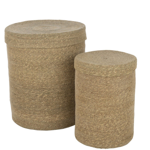 J-Line Mand Natural set van 2 manden met deksel in zeegras