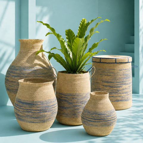 Grote naturel zeegras mand met blauwe strepen gecombineerd met andere decoratieve manden met een vergelijkbare structuur tegen een blauwe achtergrond
