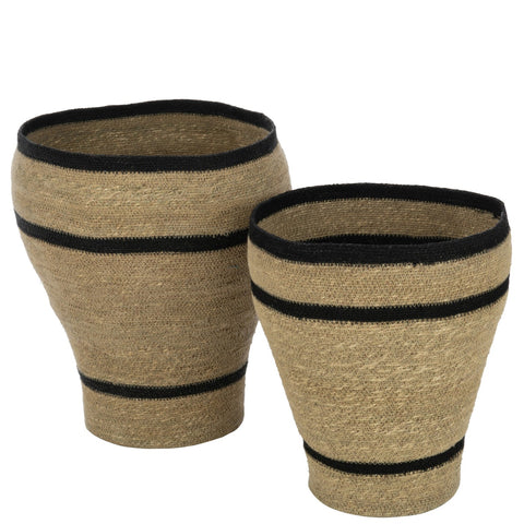 J-Line manden Round Striped set van 2, gemaakt van zeegras en rotan, naturel met zwart.