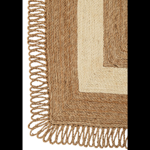Detail van J-Line mat Rectangle Jute met bruine jute structuur, beige kader en franjes