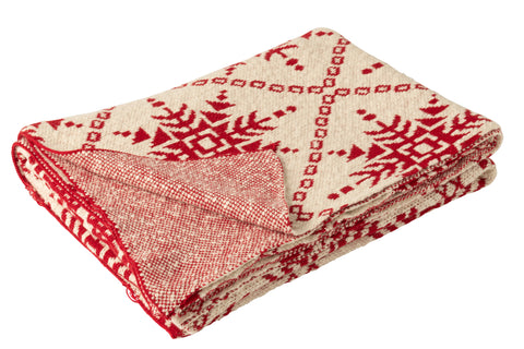 Opgeplooid rood-wit plaid met sneeuwvlokkenpatroon en omslag naar binnenzijde