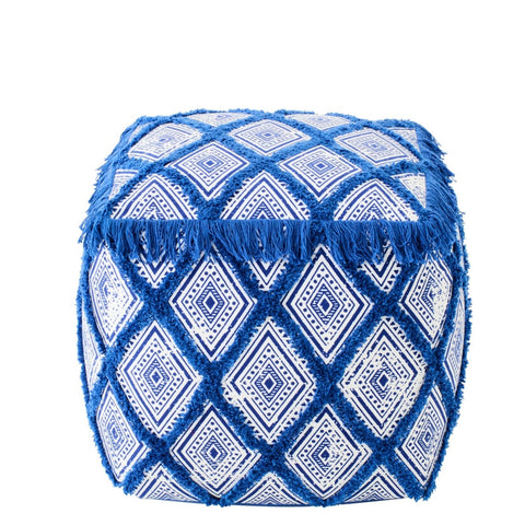 J-Line Poef Oriental met blauw-witte oosterse print in katoen.
