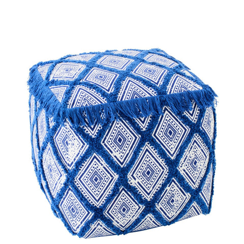 Zijaanzicht van de J-Line Oriental poef met decoratieve blauw-witte print