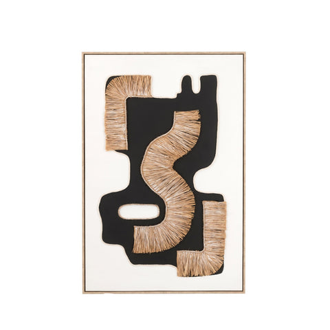 J-Line Schilderij Hut met abstracte zwarte vormen en bruine rotanaccenten op een neutrale achtergrond.